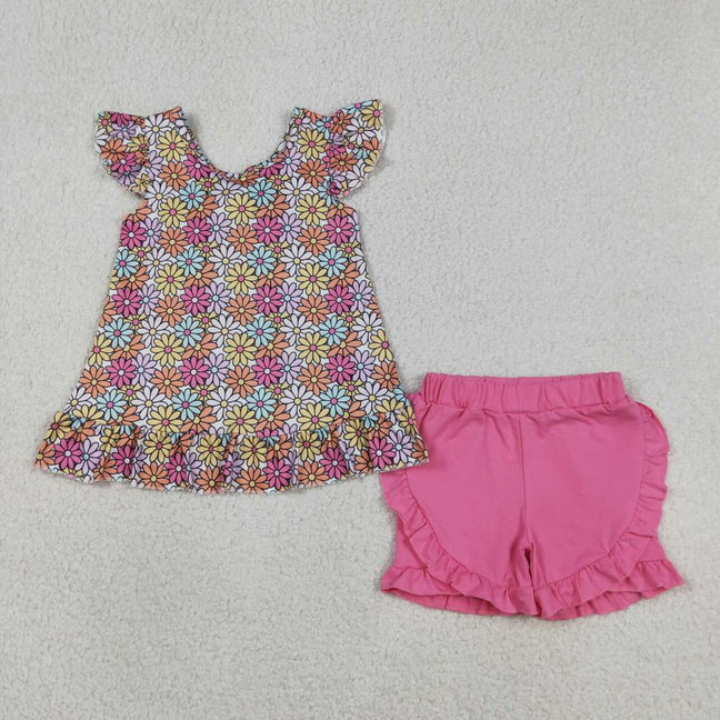GSSO3353 Kids Baby Girls Colorful Daisy Flowers Back Bow Tunic Ruffle Shorts Clothes Sets