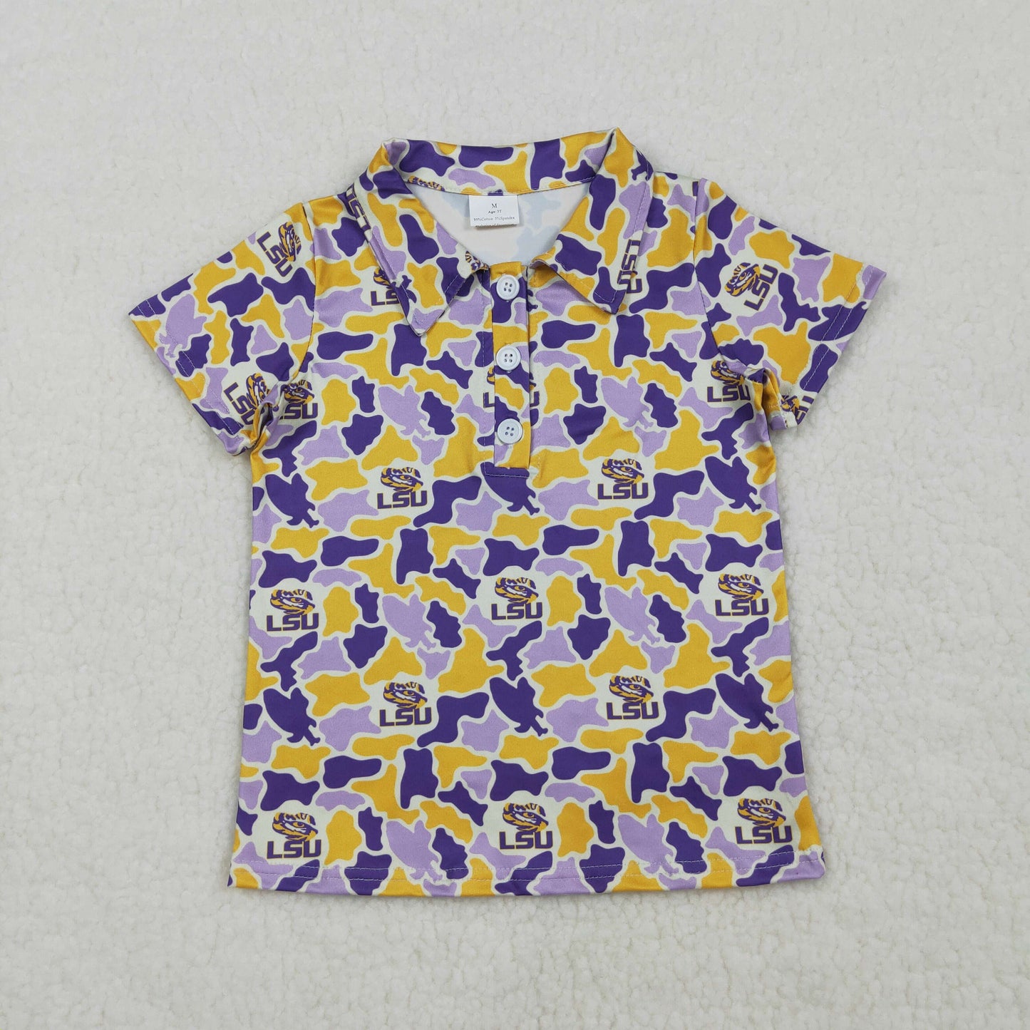 BT1744 Kids Baby Boys Purple Yellow Camo LSU Tigers Team Button Polo Shirt Top