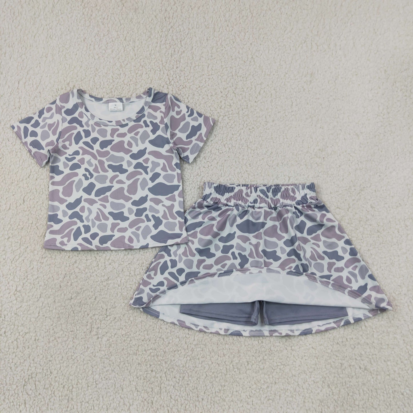 GSD2724 Kids Baby Girls Short Sleeves Gray Camo Top Skirts Shorts Clothes Set