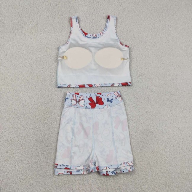 GSD2151 Kids Baby Girls Bows Baseball Vest Skirt Short 4th Of July Yoga Active Clothes Sets