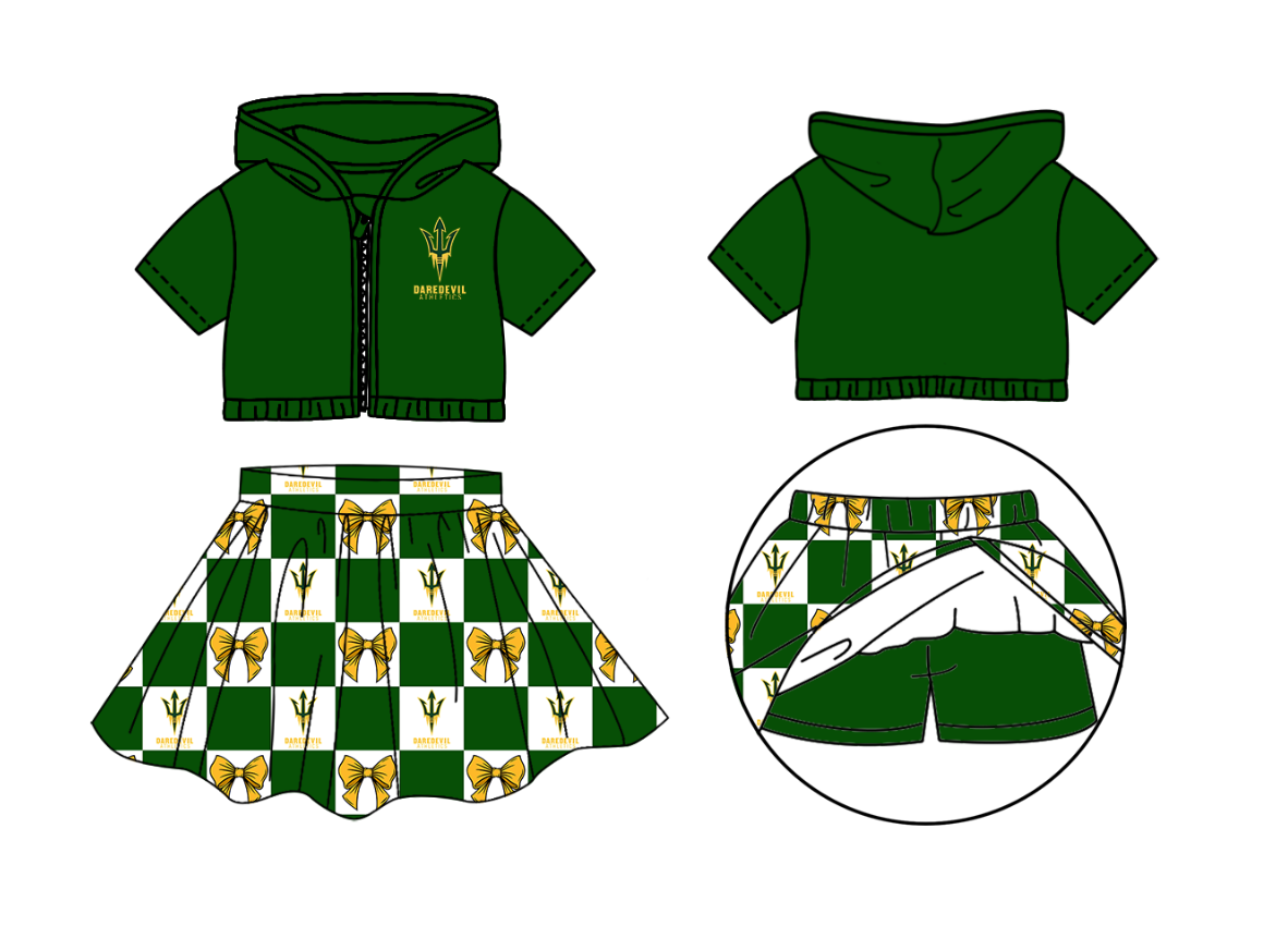 Custom Milk Silk Order MOQ:3 or 5 pcs Each Design Team State Girl Summer Bow Green Zipper Hooded Short Sleeve Short Skirts Sets