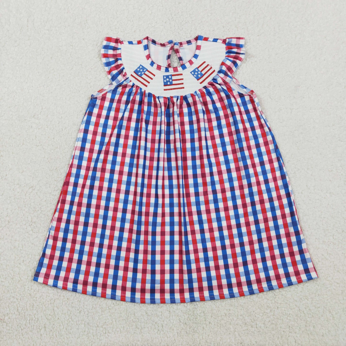 GSD3506 Kids Baby Girl Smocked Flags Red Blue Checked 4th Of July Knee Length Dresses
