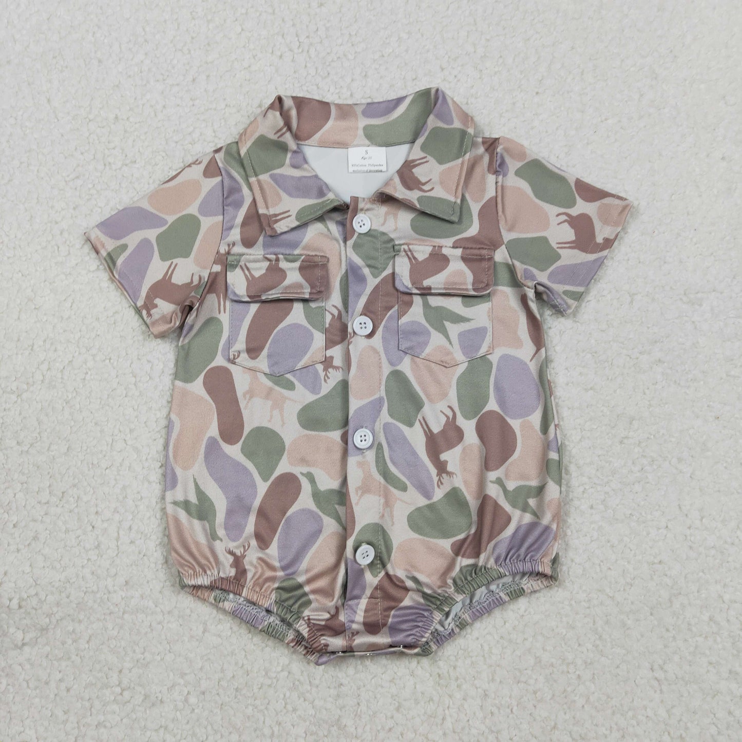 SR3544 Newborn Baby Boy Ducks Dogs Deer Camo Pockets Button Hunting Rompers