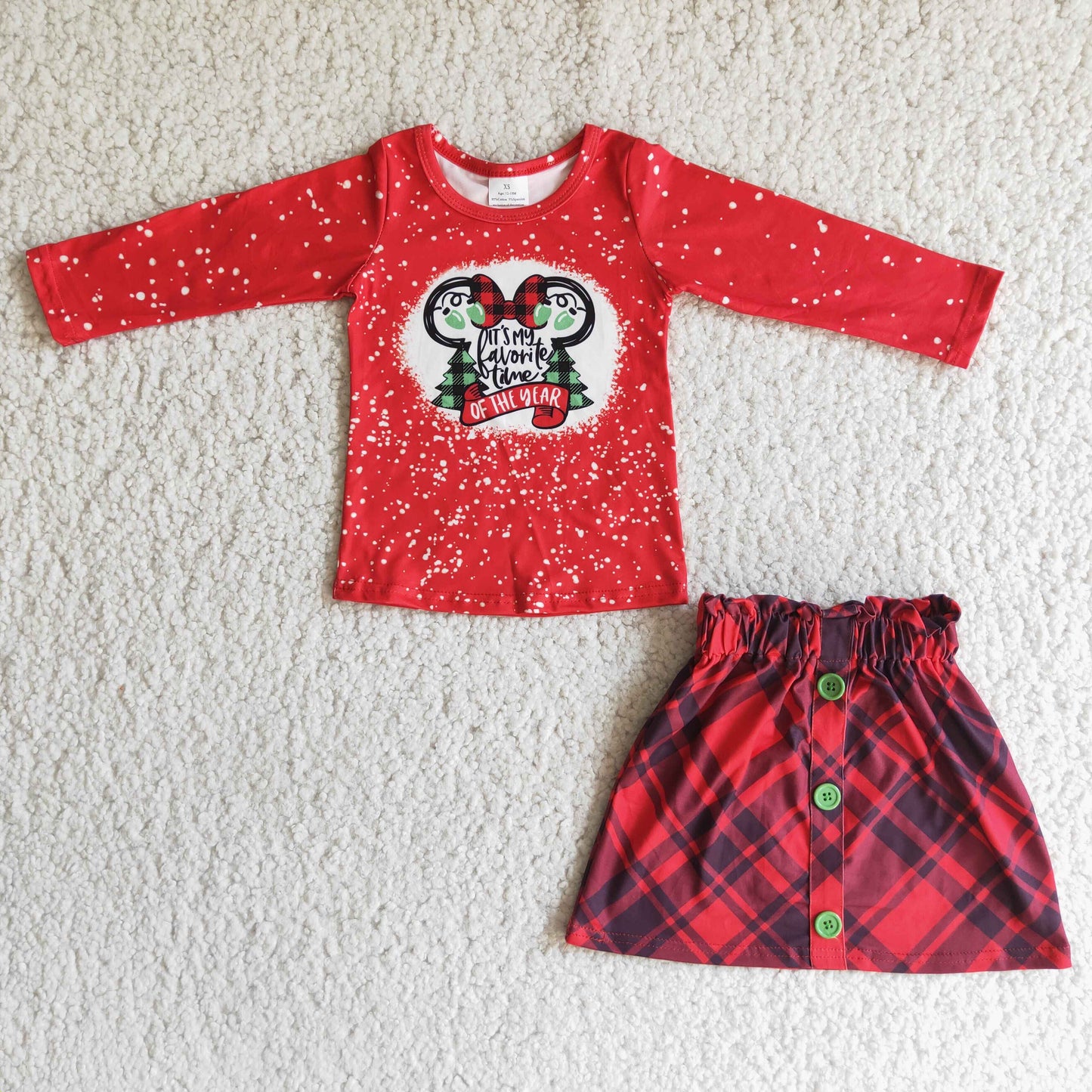 11.25 RTS NO MOQ(In Stock) 6 A1-20 Mouse Red Long Sleeve Top Red Plaid Skirt Christmas Set