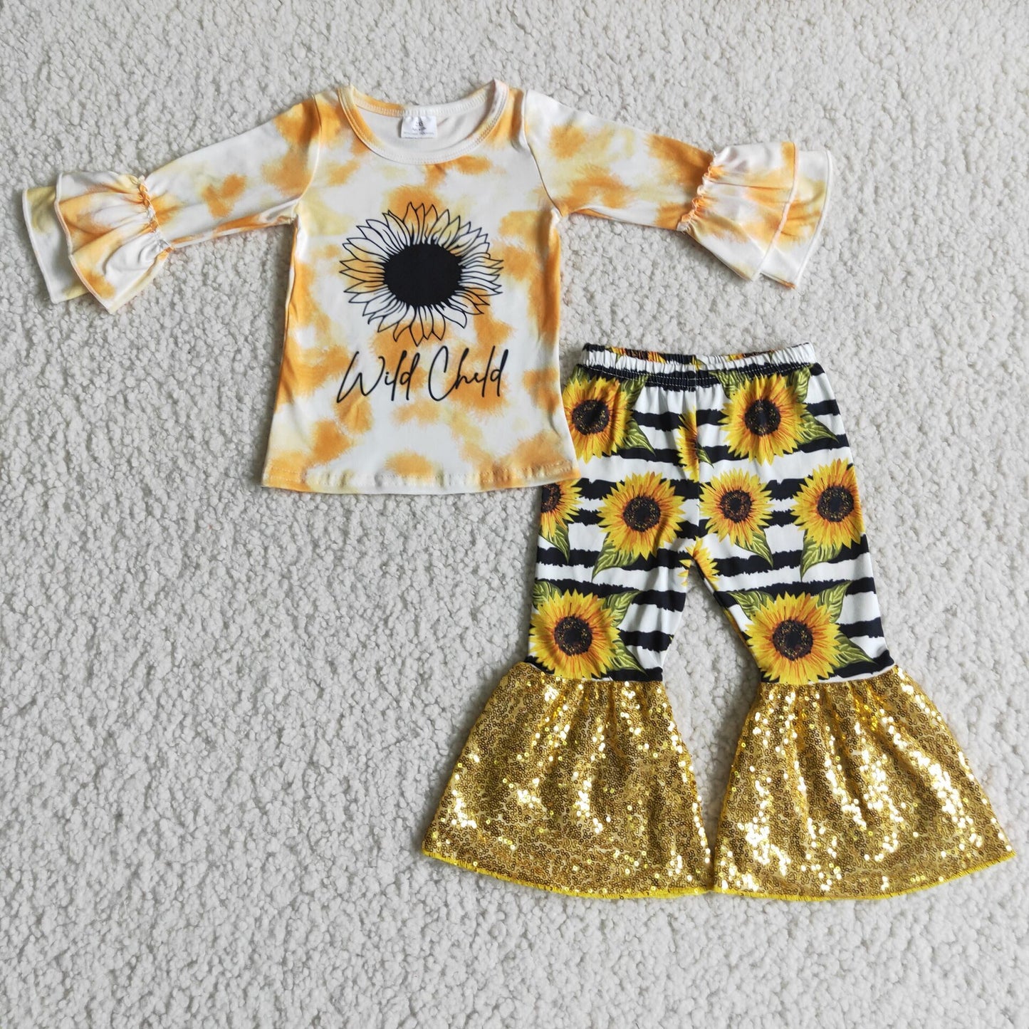 9.5RTS NO MOQ ETA 5/7days 6 A10-13 Sunflower Long Sleeve Top Yellow Sequin Flared Pants Set