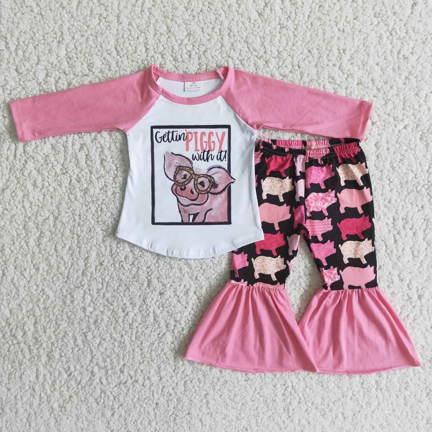 9.5 rts no moq 6 A10-17 girls outfit long sleeve and long pants pink pig print