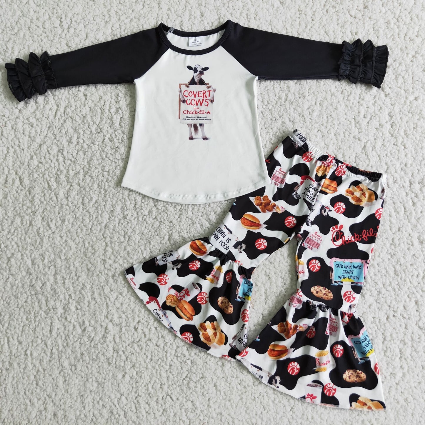 9.5 RTS NO MOQ ETA 5/7days arrived 6 A17-27 covert cows black long-sleeved cow top and flared pants suit