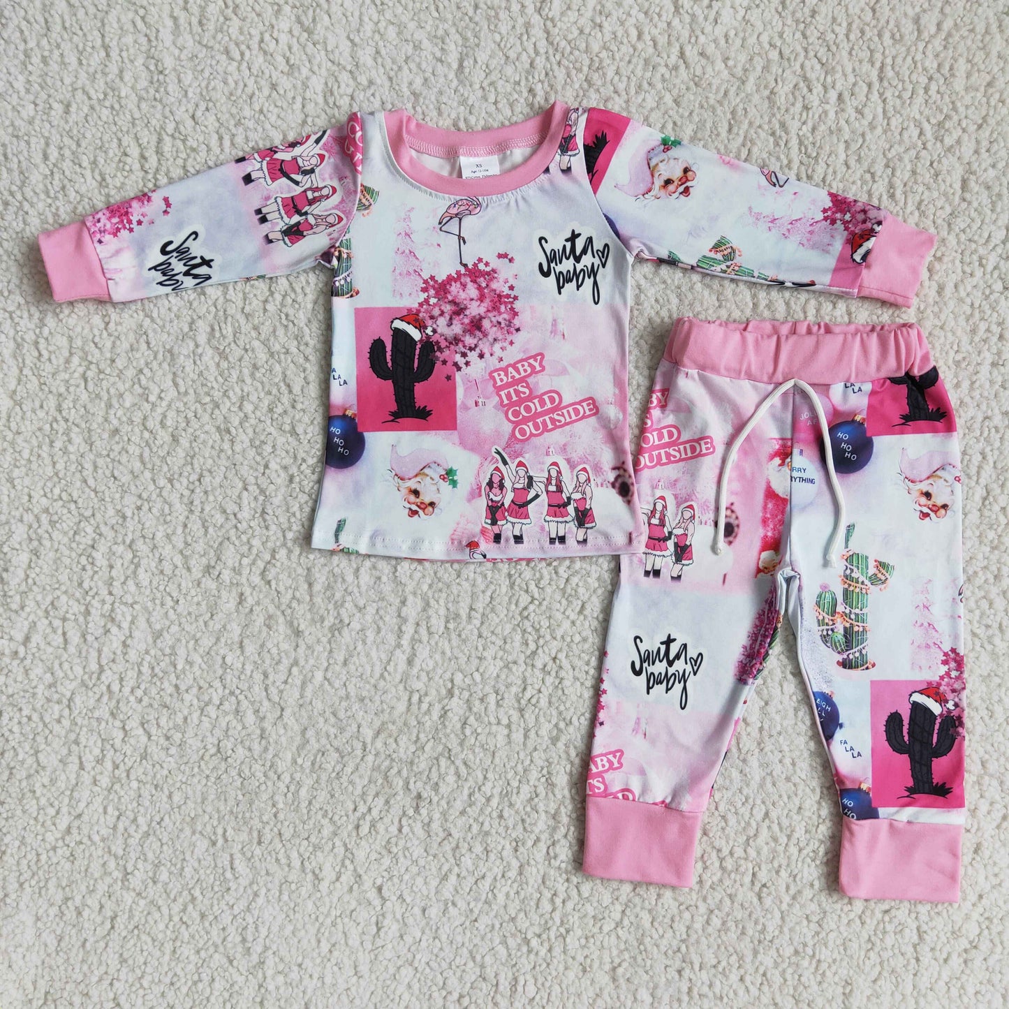 6 A17-4 Santababy Santa Hat Pink Long Sleeve Pants Pajama Set