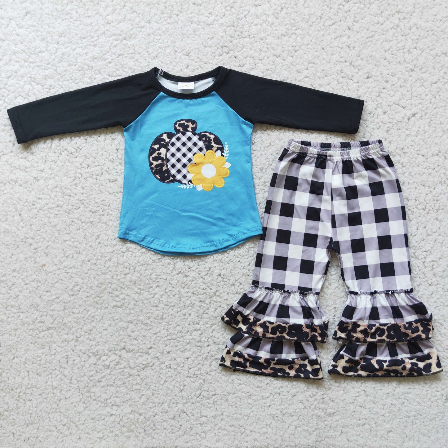 8.25 6 A2-17 Pumpkin flower top plaid ruffle leg trousers suit