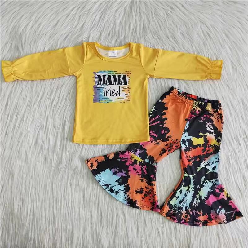 RTS NO MOQ(In Stock)6 A22-15 MAMA yellow long-sleeved tie-dyed flared pants