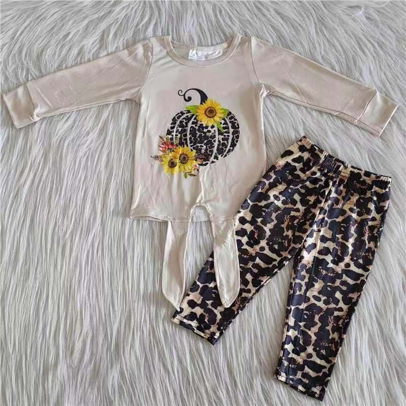 RTS NO MOQ ETA 5/7days 6 A23-29 Leopard Print Pumpkin Flower Long Sleeve Top Leopard Print Pants Set
