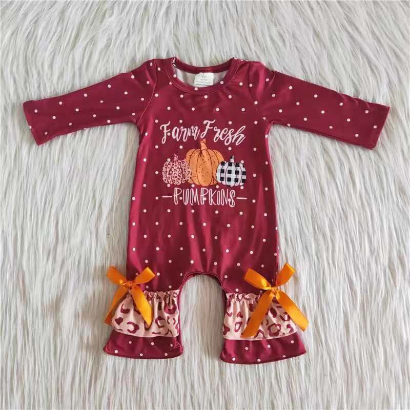 8.4 RTS NO MOQ(In Stock) 6 A30-16 Halloween pumpkin design wine red romper