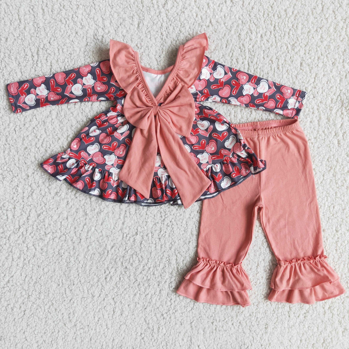 RTS NO MOQ(In Stock) baby girls clothes Valentine's Day love heart top pink pants set