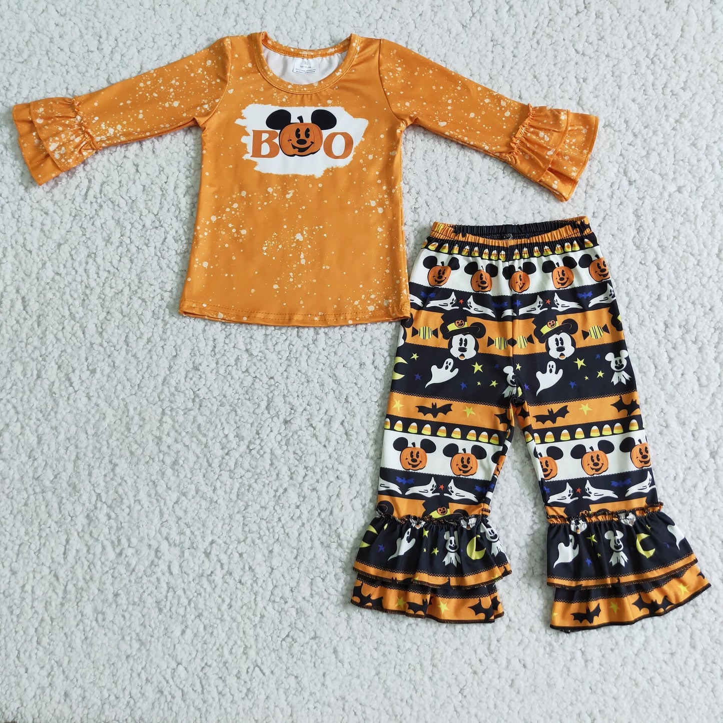 10.7 6 B8-40 Halloween Pumpkin Lace Cuff Long Sleeve Top and Flared Pants Suit