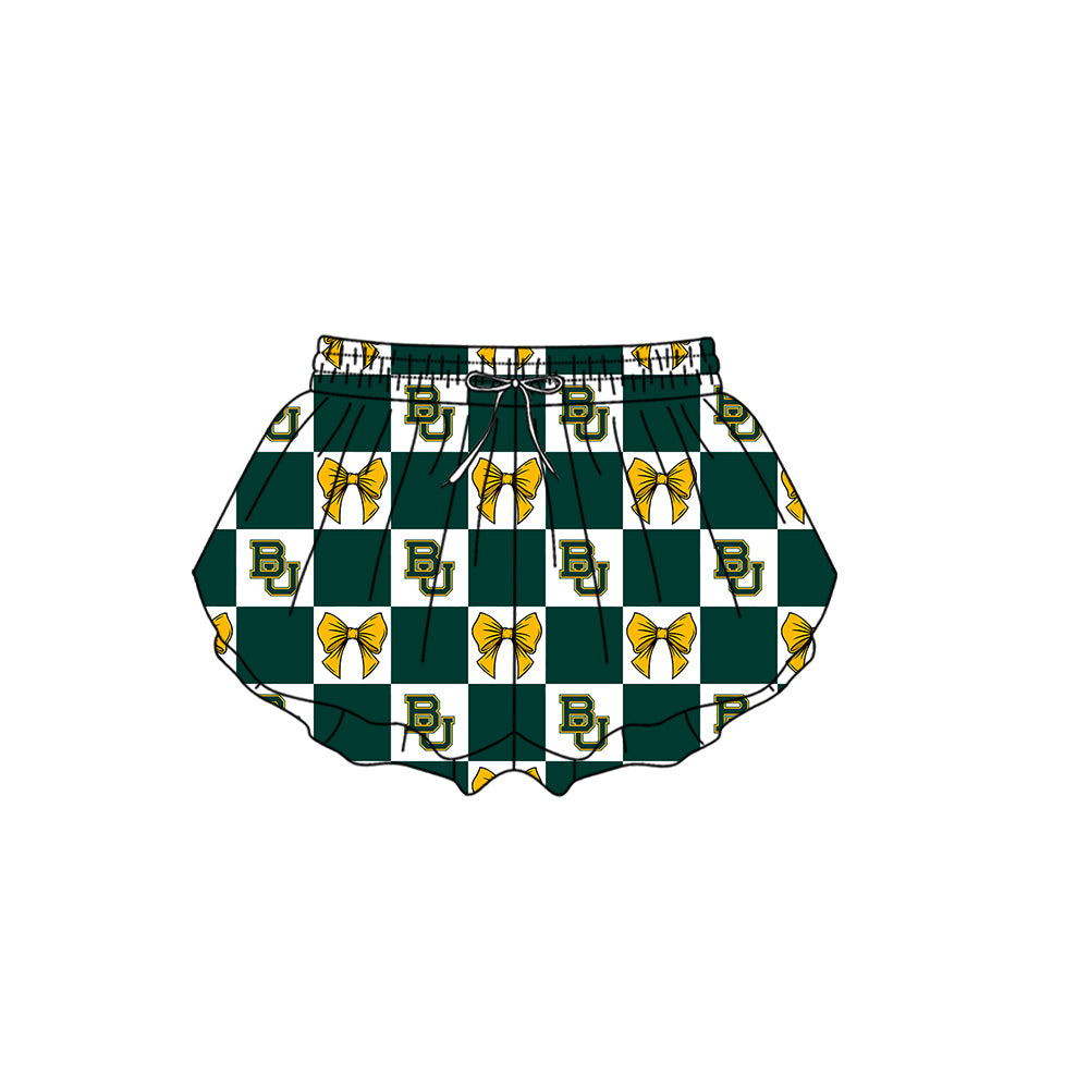 Custom Moq 3 or 5 Team Design Baby Girl Green BU Bows Checked Team Ruffle Shorts