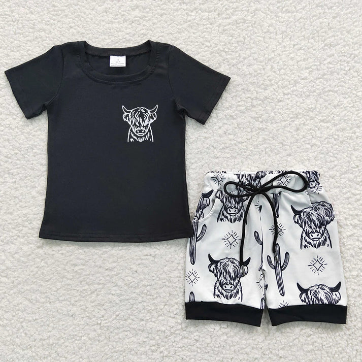 4.18 Sibling Baby Boys Western Cow Pocket Top Shorts Clothes Sets