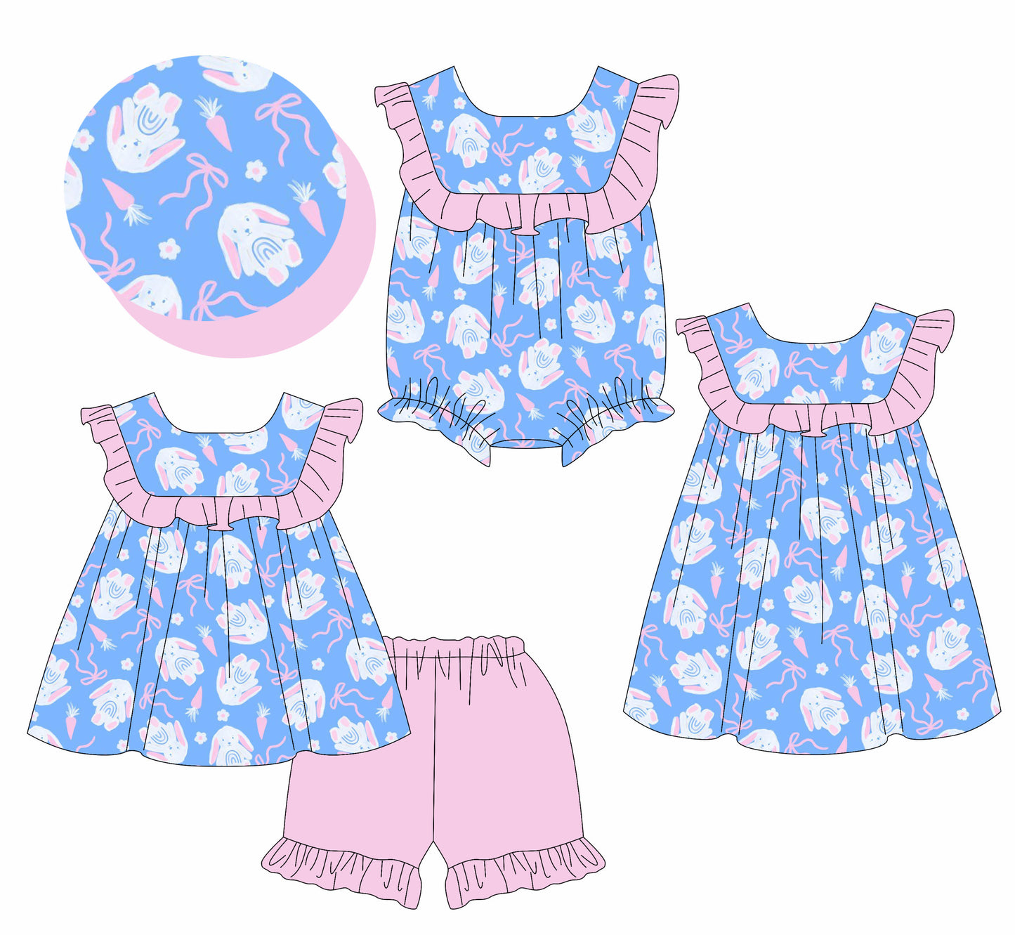 26.1.15 Custom MOQ:3 or 5 pcs each design milk silk Sibling baby girl clothes bunny bow short sleeve shorts sets and dress and romper