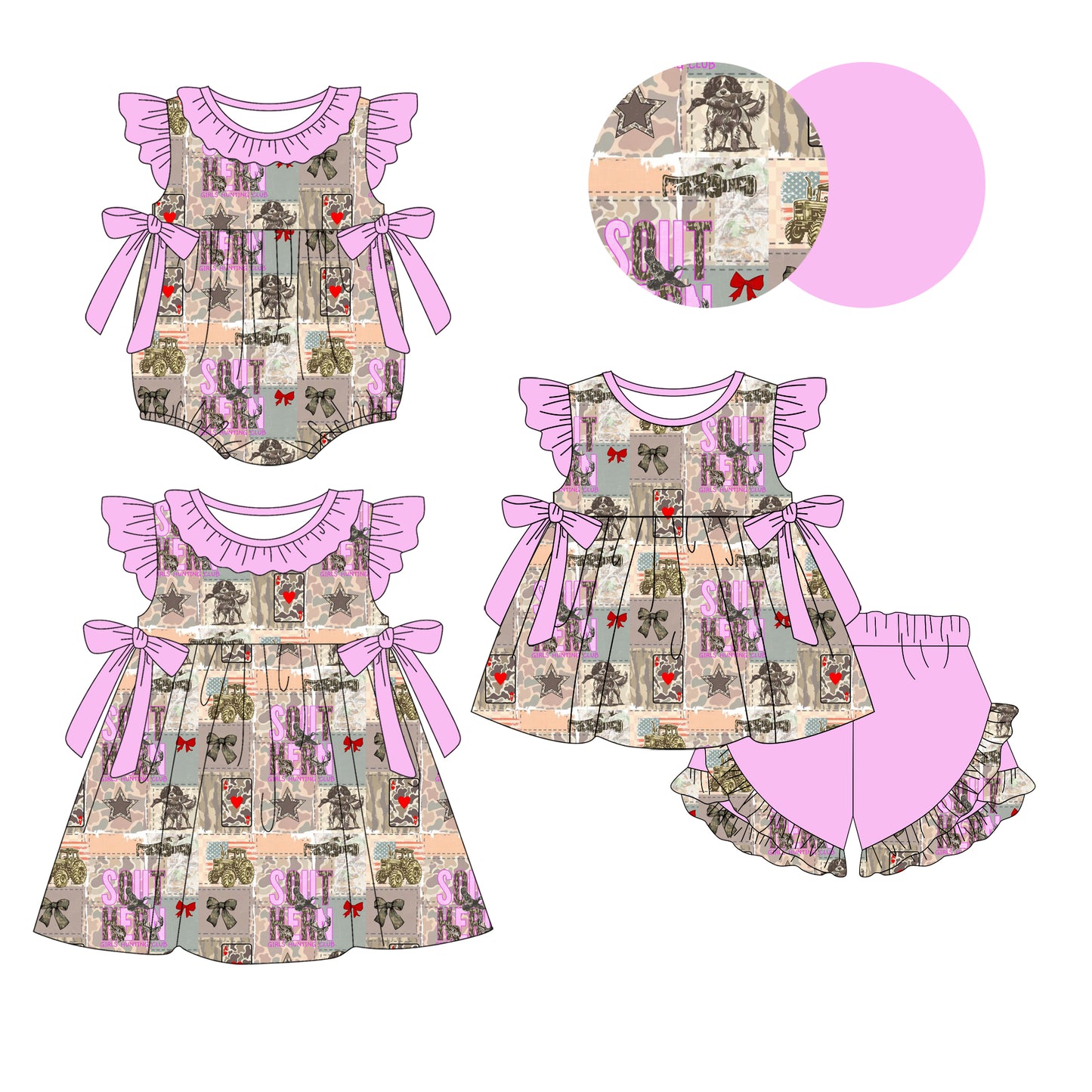 26.1.6 Custom MOQ:3 or 5 pcs each design milk silk Sibling baby girl clothes camouflage duck bow puppy short sleeve shorts sets and dress and romper