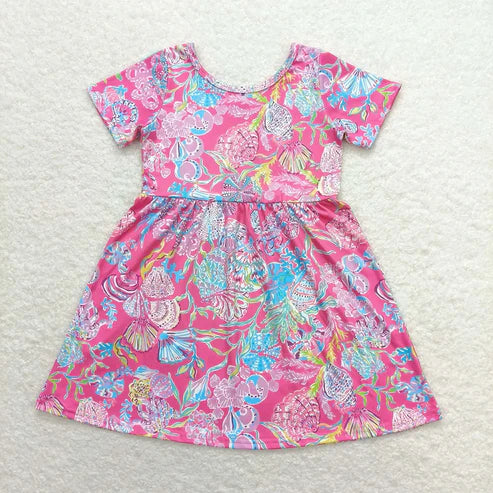 4.14 Sibling Baby Girls Sea Flowers Short Sleeve Knee Length Dresses