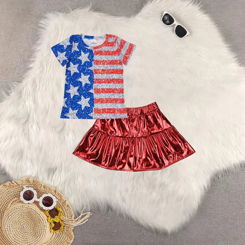 4.29 Sibling Baby Girls Short Sleeves Cow Stars Top Red Leather Skirts Western 4th Of July Sets