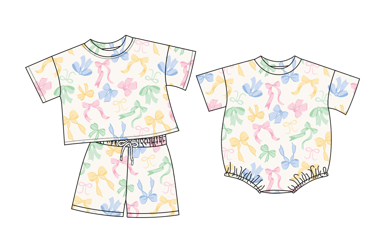 26.1.9 Custom MOQ:3 or 5 pcs each design milk silk Sibling baby girl clothes bow short sleeve shorts sets and romper