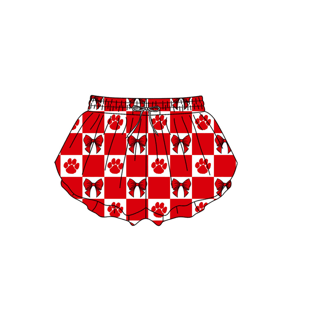 Custom Moq 3 or 5 Team Design Baby Girl Red Pawls Bows Plaid Team Ruffle Shorts