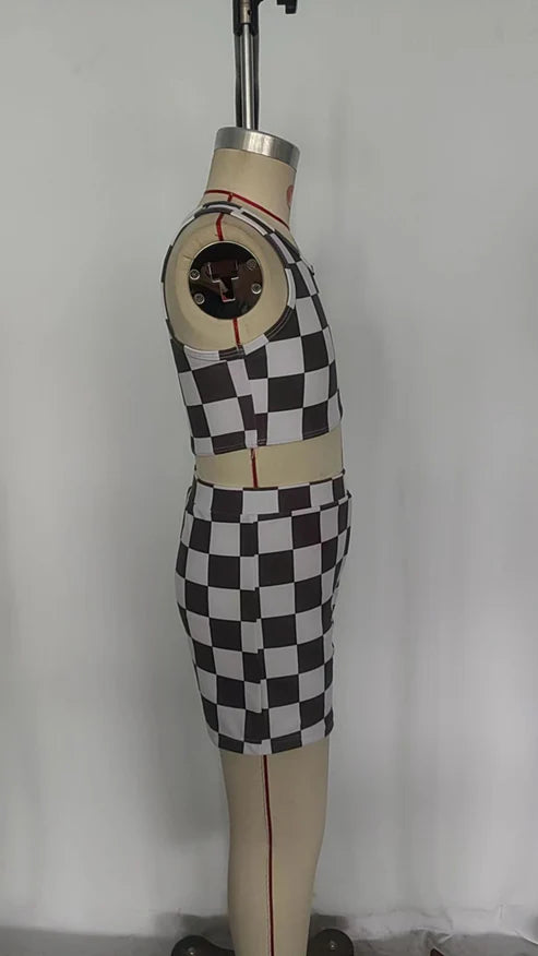 GT0522+SS0219 Black and white plaid sleeveless top shorts yoga set