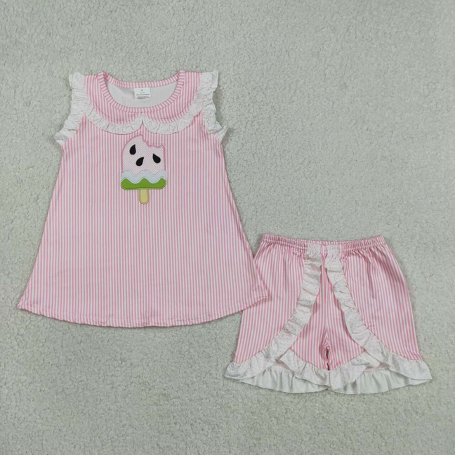 GSSO3238 Kids Embroidery Popsicle Baby Girls Pink Stripe Collar Tunic Ruffle Shorts Clothes Sets