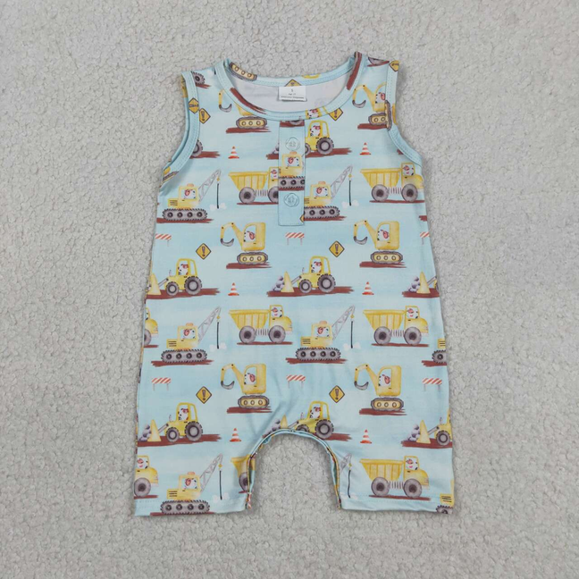 SR3085 Newborn Baby Boys Sleeveless Excavators Button Rompers