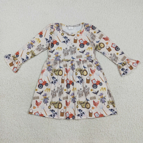 8.12 GLD1196 Baby Girls Long Ruffle Sleeves Trucks Chicks Farm Knee Length Dress