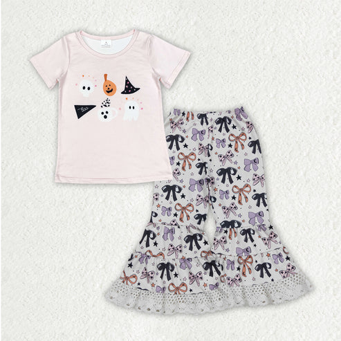 8.12 GT0698+P0783 Baby Girls Ghost Pumpkins Top Bows Lace Bell Bottom Halloween Clothes Set