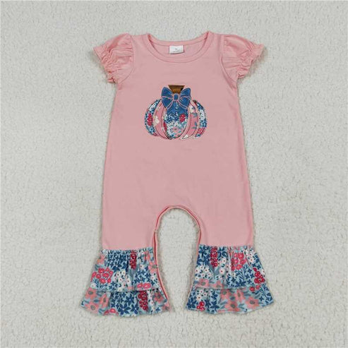 7.10 Sibling Embroidery Baby Girls Pink Floral Pumpkin Rompers Dresses Outfits