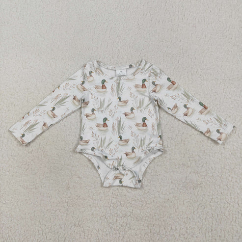 8.14 LR2338 Baby Girls Long Sleeves Ducks Plaid Bummies Romper