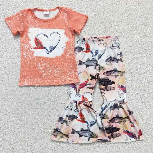 7.28 rts no moq GSPO0258 Valentine's Day Girls Clothing Short Sleeve Long Pants Fishing Print