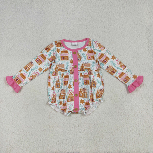 8.14 LR2282 Baby Girls Long Sleeves Pink Houses Snowflake Button Ruffle Romper