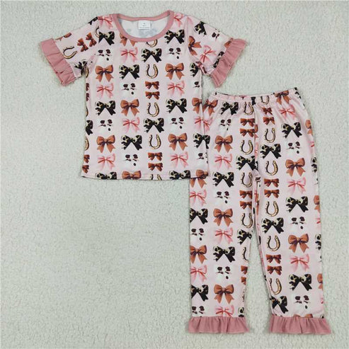 7.10 Sibling Baby Girls Pink Western Bows Horse Shoes Rompers Pajamas