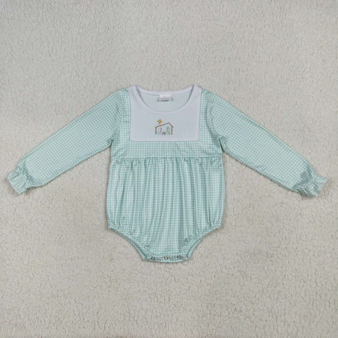 8.14 LR2265 Baby Boys Aqua Plaid Long Sleeves Jesus Bummies Romper