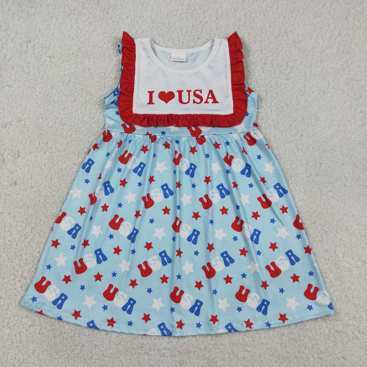 GSD4002 Kids Baby Girls Sleeveless I Love USA Stars 4th of July Knee Length Dresses