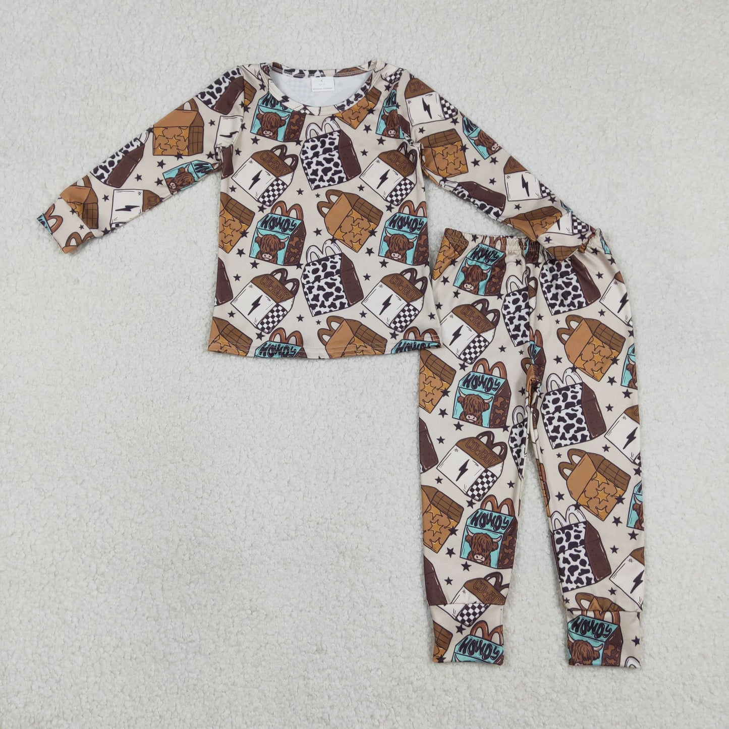 RTS NO MOQ(In Stock) BLP1414 Howdy Alpine Bull Head Box Star Brown Long-Sleeved Trousers Pajama Set
