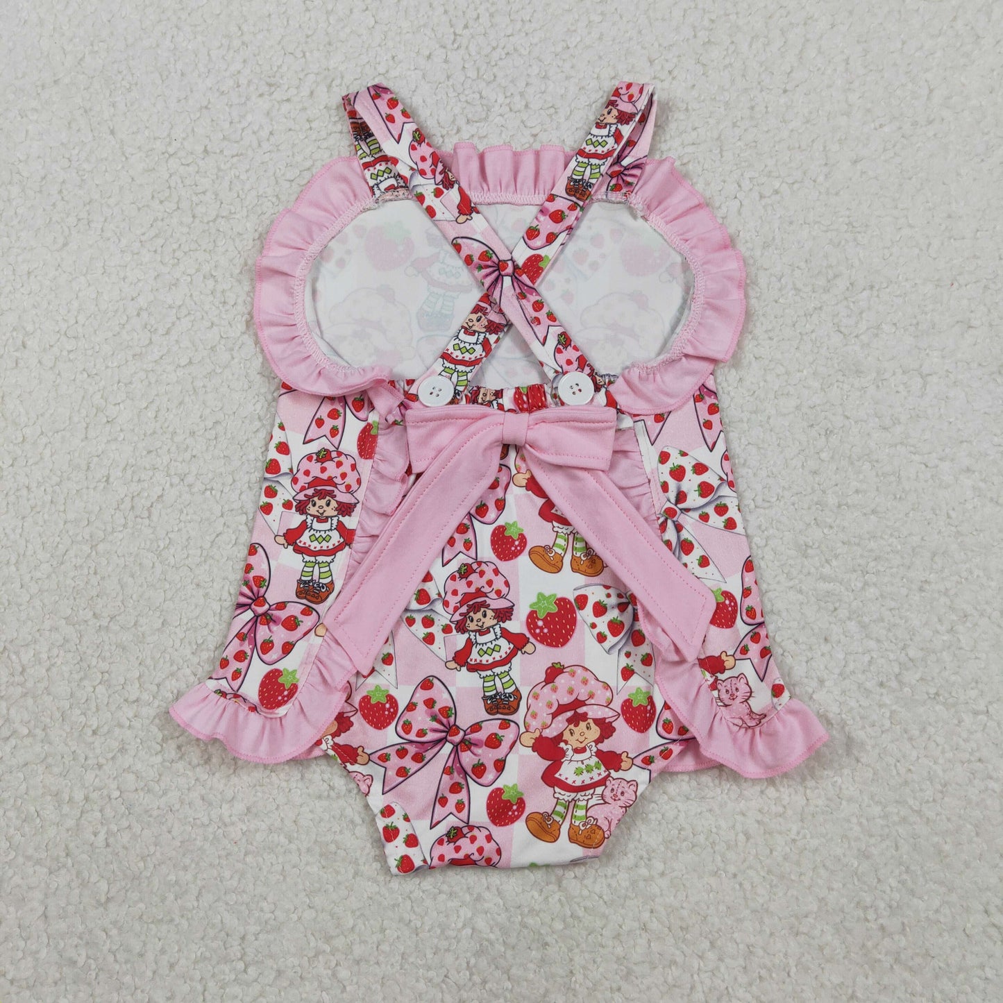 SR3885 Newborn Baby Strawberry Girls Strap Flowers Back Bow Ruffle Rompers