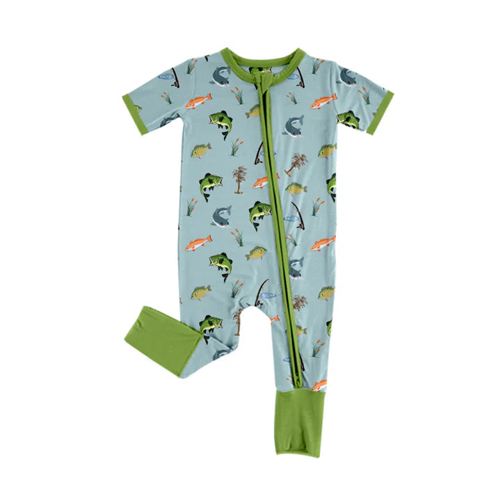 7.23 SR2064 Baby Infant Boys Fishing Short Sleeve Zip Rompers preorder
