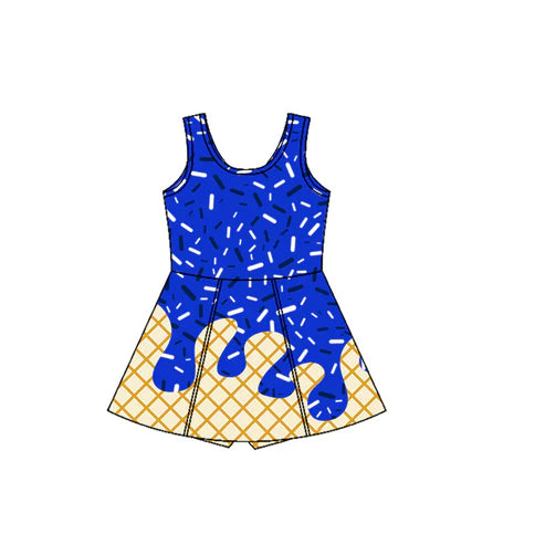 7.12 GSD2751 Baby Girls Hot Blue Drip Sleeveless Shorts Team Yoga Active Knee Length Dresses Preorder