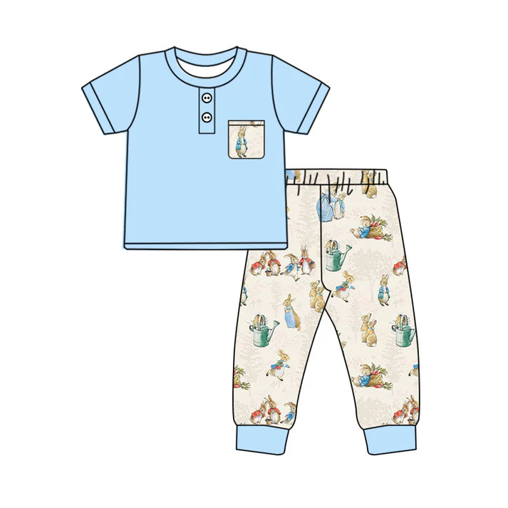 7.22 BSPO0501 Baby Boys Blue Easter Blue Top Rabbits Pants Pajamas Clothes Sets Preorder