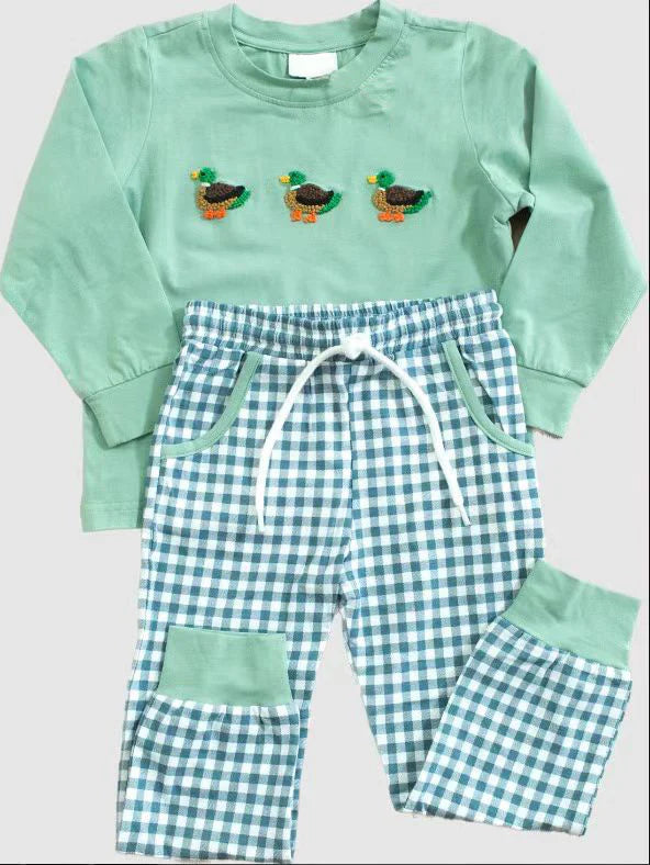 7.21 BLP1021 Baby Boys Green Ducks Tee Shirts Top Checkered Pants Clothes Sets Preorder