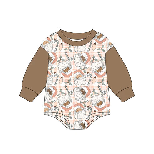 7.14 LR2373 Baby Girls Brown Long Sleeves Santa Gingerbread Plaid Rompers Preorder