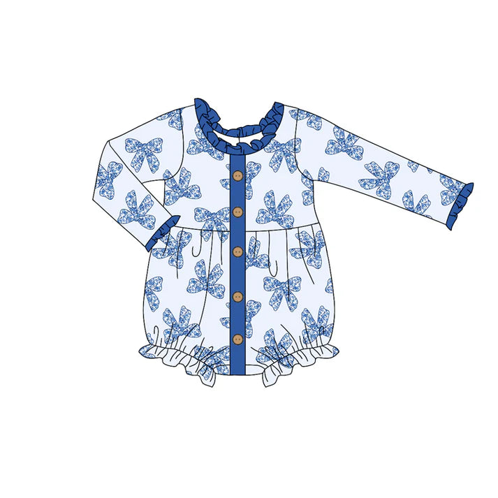 7.21 LR2073 Baby Infant Girls Blue Bows Buttons Long Sleeve Rompers preorder