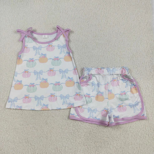 7.24 GSSO2668 Baby Girls Bows Sleeveless Pumpkins Stripe Tunic Pockets Short Set