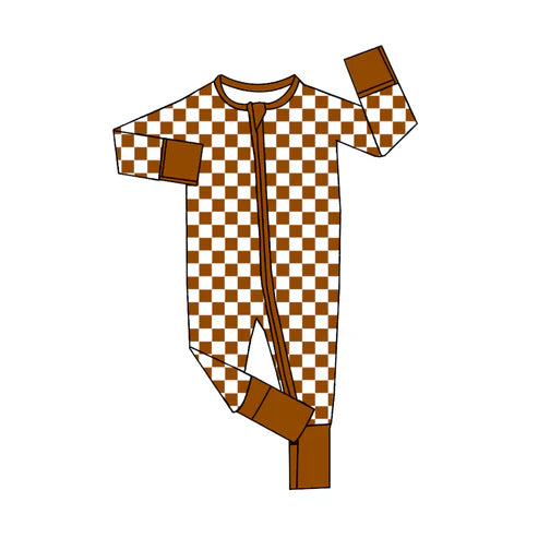 7.17 LR2029 Baby Infant Girls Brown Checkered Zip Long Sleeve Rompers preorder