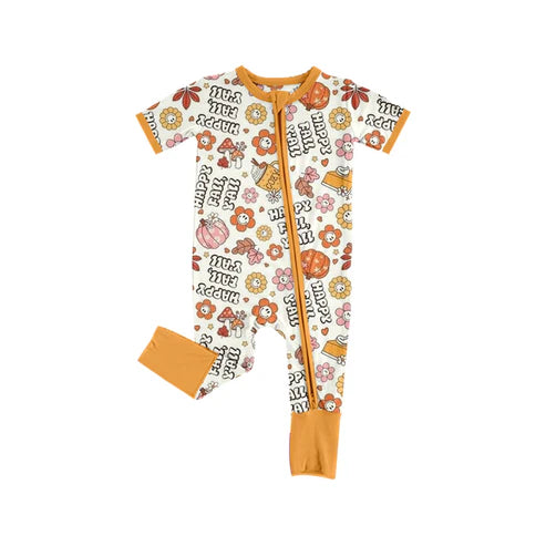 7.11 SR3184 Baby Girls Short Sleeves Happy Fall Pumpkins Flowers Zipper Rompers Preorder
