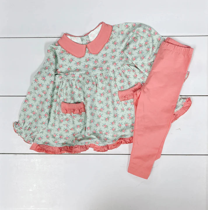 7.21 GLP2147 Baby Girls Green Pink Small Flowers Tunic Top Legging Clothes Sets Preorder